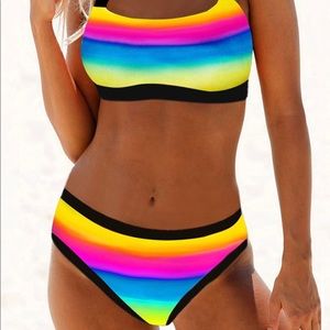 Tie back multi stripe rainbow bikini